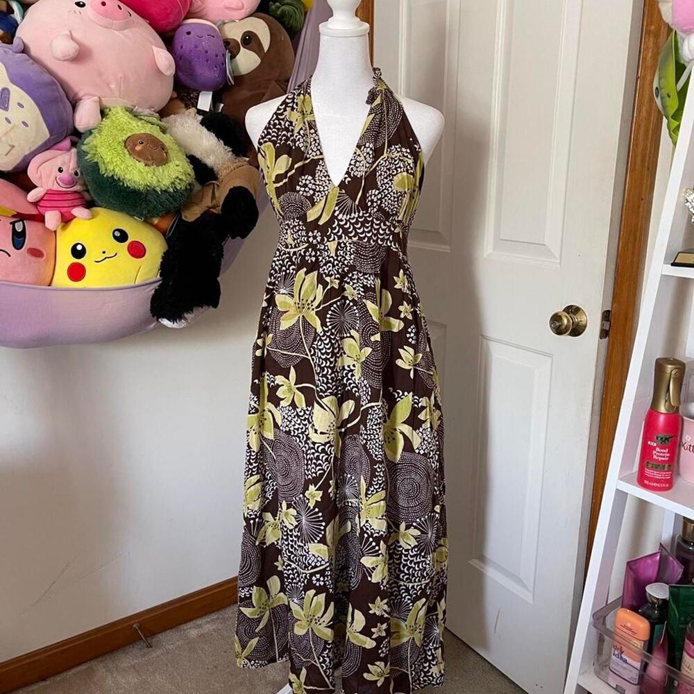 JUST CLASS BROWN FLORAL HALTER MIDI DRESS